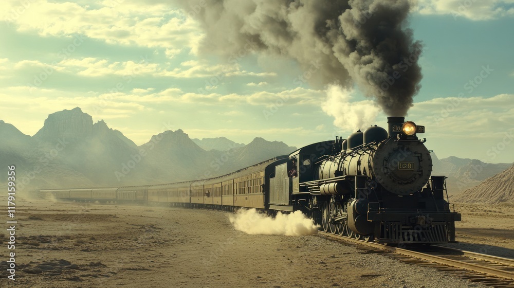 Fototapeta premium Vintage steam locomotive train chugging through a desert landscape under a hazy sky.