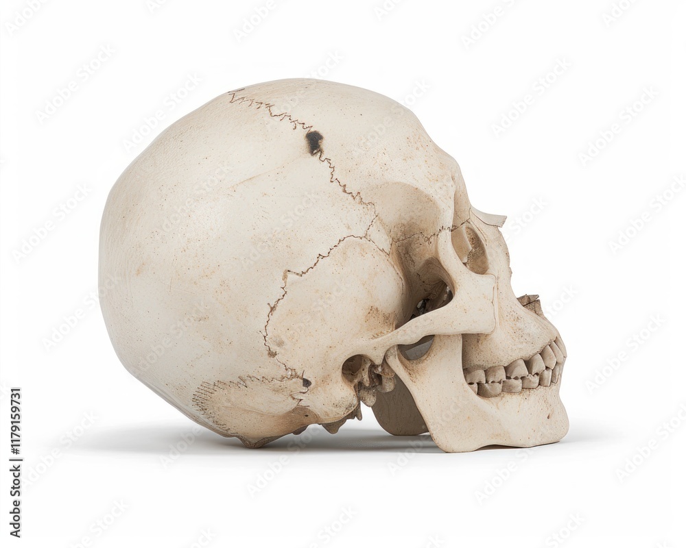 Fototapeta premium Detailed Human Skull Profile View on White Background