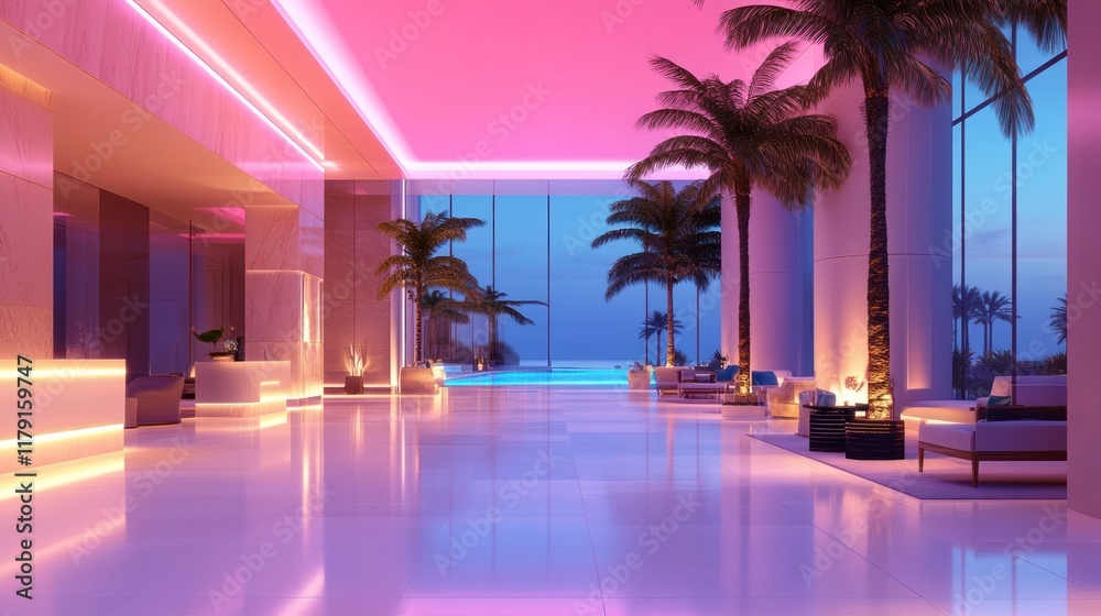 Fototapeta premium Luxurious hotel lobby with pink neon lighting, palm trees, and ocean view.
