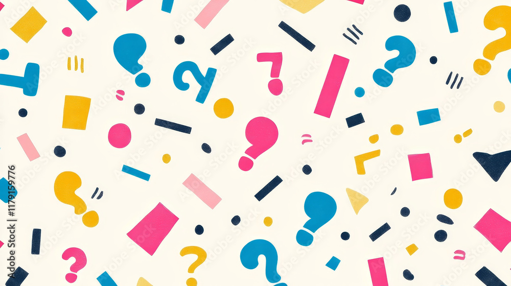 Doodle exclamation and question marks seamless pattern. Fabric or wrapping paper vector print with punctuation symbols, wallpaper seamless background with hand drawn exclamation, line question marks Doodle exclamation and question marks seamless pattern. Fabric or wrapping paper vector print with punctuation symbols, wallpaper seamless background with hand drawn exclamation, line question marks
