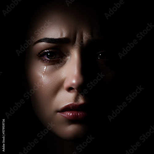 A woman's face in shadow, a tear falling down her cheek, expressing sadness and vulnerability. photo