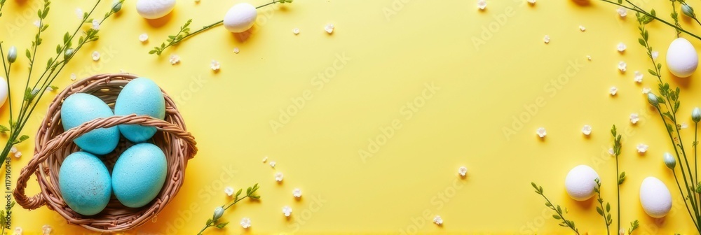 Fototapeta premium Spring themed arrangement with blue easter eggs on yellow background