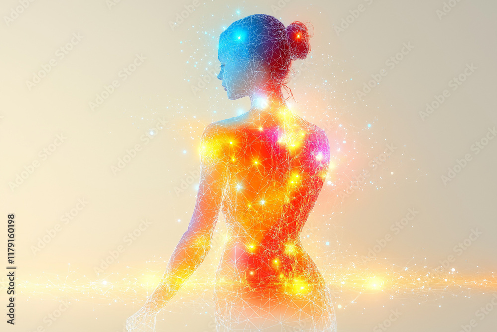 Glowing female silhouette with vibrant energy points Glowing female silhouette with vibrant energy points