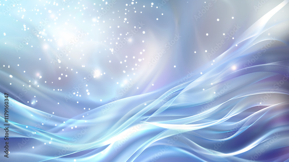 Abstract Blue and White Flowing Waves Illustration with Sparkling Light Effects for Backgrounds and Creative Designs