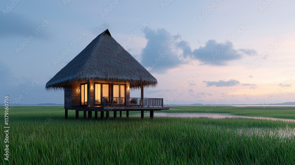 Charming Rustic Hut Surrounded by Lush Marshland and Tranquil Waters Under a Clear Blue Sky Evoking Peaceful Serenity Charming Rustic Hut Surrounded by Lush Marshland and Tranquil Waters Under a Clear Blue Sky Evoking Peaceful Serenity