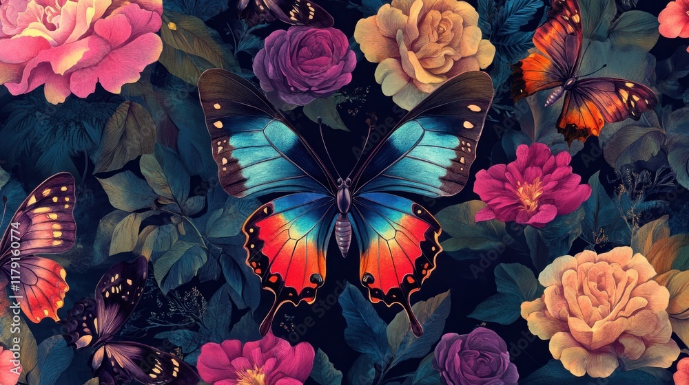 A seamless gothic floral design featuring butterflies with vibrant wing details and intricate flowers in jewel tones A seamless gothic floral design featuring butterflies with vibrant wing details and intricate flowers in jewel tones