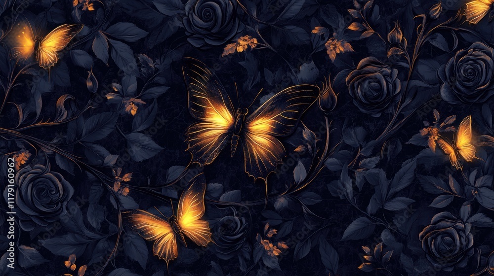 A seamless gothic floral pattern featuring butterflies with glowing wings and thorny rose vines in deep tones A seamless gothic floral pattern featuring butterflies with glowing wings and thorny rose vines in deep tones