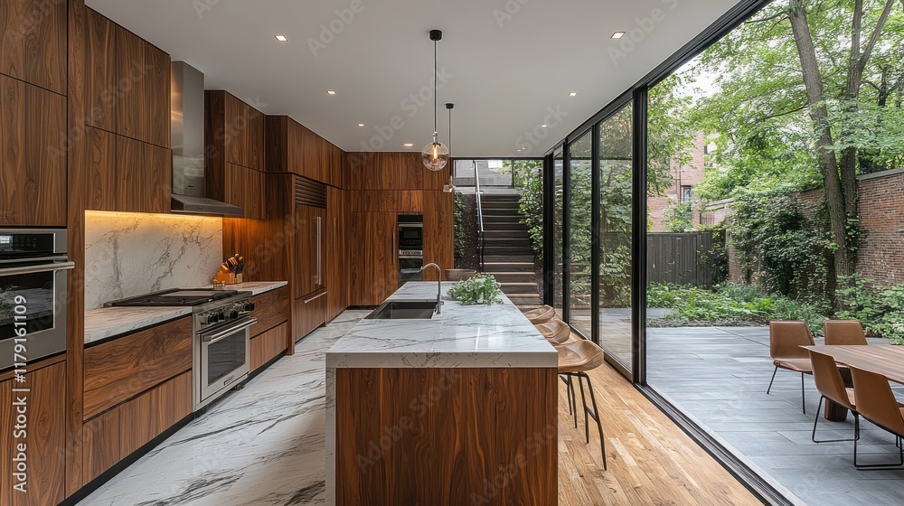 Obraz premium Modern kitchen with wooden cabinetry and large windows overlooking a garden.