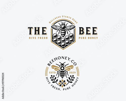 Vintage classic organic fresh bee honey logo template