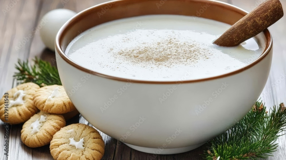 Festive bowl of creamy eggnog with cinnamon stick surrounded by holiday cookies and evergreen branches Festive bowl of creamy eggnog with cinnamon stick surrounded by holiday cookies and evergreen branches