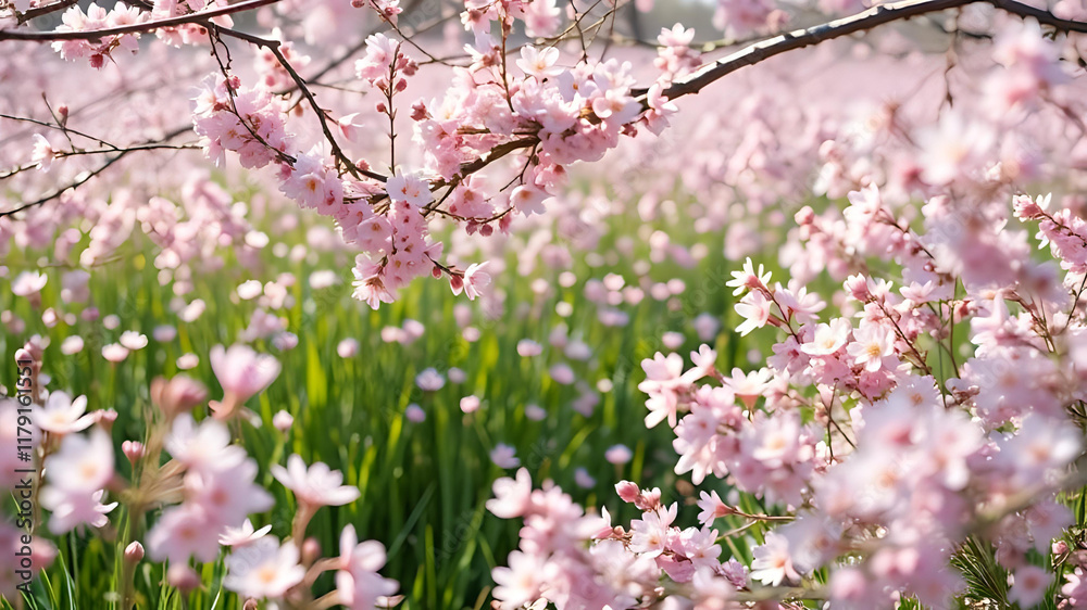 A beautiful spring scene featuring a carpet of white and pink wildflowers blooming amidst green grass, with flowering tree branches in the background, creating a soft and serene atmosphere.