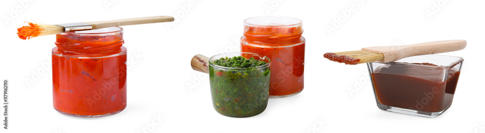 Different marinade sauces isolated on white, set Different marinade sauces isolated on white, set