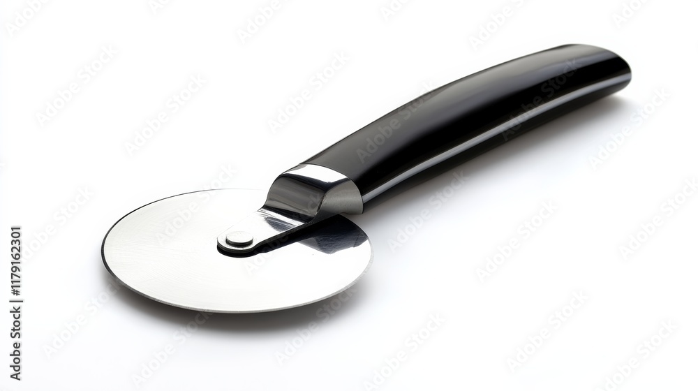 A pizza cutter with a sharp circular blade, isolated on a clean white background A pizza cutter with a sharp circular blade, isolated on a clean white background