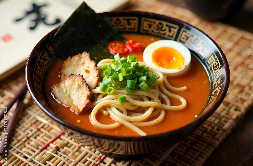 The ramen features rich, steaming broth, perfectly cooked noodles, slices of tender pork, a soft-boiled egg cut in half revealing a runny yolk, green onions, and a piece of nori The ramen features rich, steaming broth, perfectly cooked noodles, slices of tender pork, a soft-boiled egg cut in half revealing a runny yolk, green onions, and a piece of nori