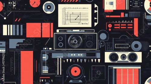 Abstract music production collage featuring vintage audio equipment, records, and musical notation.