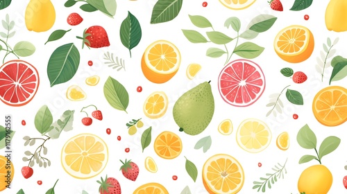 Vibrant Watercolor Fruit and Nature Pattern on White Background