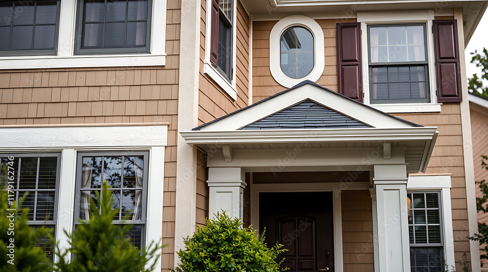 Fototapeta premium Tan-sided house exterior with white trim, showcasing a covered entryway, multiple windows, and dark brown shutters. Landscaping is partially visible.