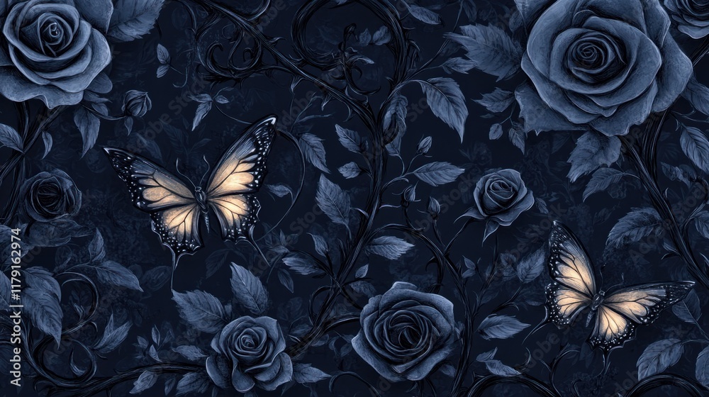 A seamless gothic garden pattern featuring dark roses, intricate vines, and butterflies with glowing wings against a deep black background A seamless gothic garden pattern featuring dark roses, intricate vines, and butterflies with glowing wings against a deep black background