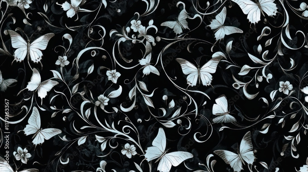 A seamless gothic garden pattern of delicate butterflies and swirling vines, creating an intricate and elegant look A seamless gothic garden pattern of delicate butterflies and swirling vines, creating an intricate and elegant look