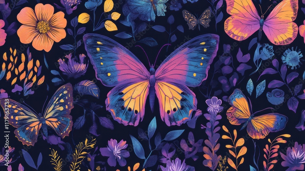 A seamless gothic garden pattern with butterflies in vibrant jewel tones and intricate flowers on a dark background A seamless gothic garden pattern with butterflies in vibrant jewel tones and intricate flowers on a dark background