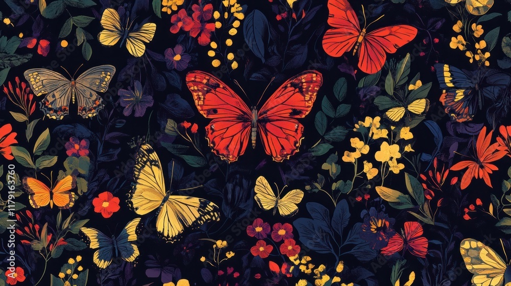 A seamless gothic garden pattern with butterflies in vibrant jewel tones and intricate flowers on a dark background A seamless gothic garden pattern with butterflies in vibrant jewel tones and intricate flowers on a dark background