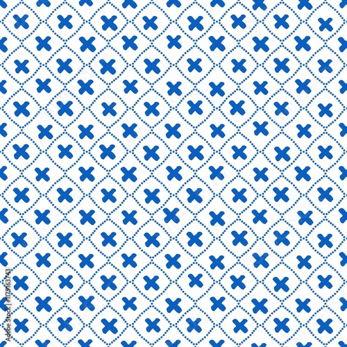 Seamless blue and white pattern featuring geometric shapes suitable for fabric and wallpaper designs in modern decor