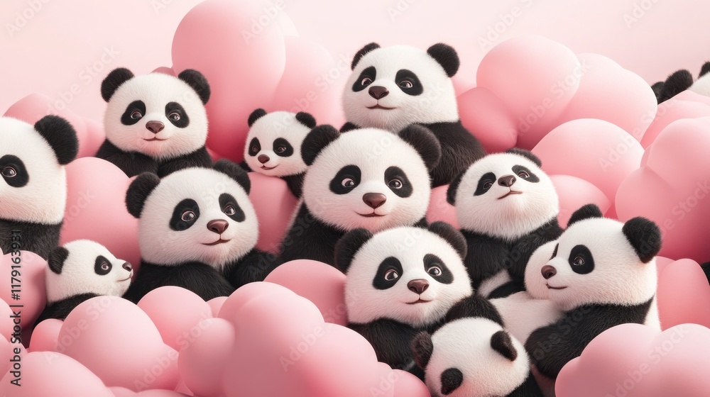 Adorable baby pandas nestled amongst pink heart-shaped balloons. Adorable baby pandas nestled amongst pink heart-shaped balloons.