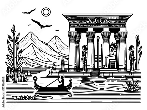 Ancient Egyptian Temple with Nile Scene vector