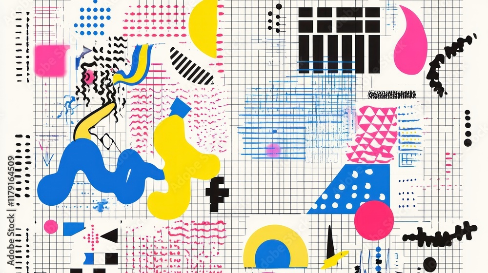Obraz premium Abstract geometric shapes, lines, and patterns in vibrant colors on a grid background.