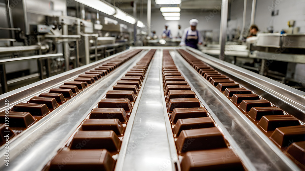 Brown chocolate bars processed on conveyor belt in modern food processing factory or production line in manufacture company Brown chocolate bars processed on conveyor belt in modern food processing factory or production line in manufacture company