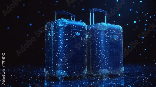Two digital suitcases glowing with blue light particles on dark background.