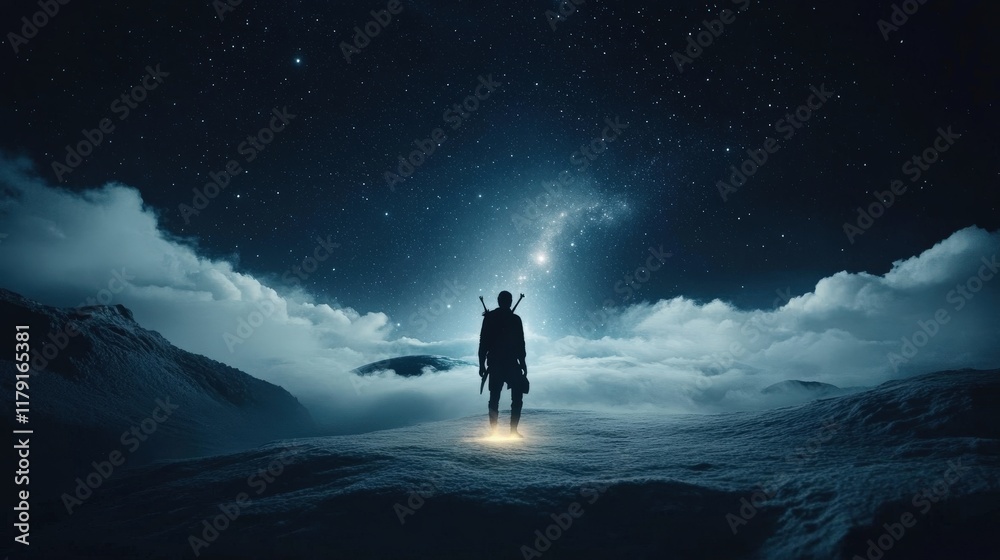 Fototapeta premium Serene Nightscape with Lone Figure Standing on Snowy Terrain Under Starry Sky and Cosmic Galaxy