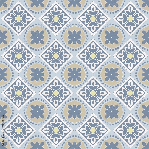 Elegant seamless pattern featuring floral designs and geometric shapes in muted tones of blue and gray suitable for textile or wallpaper applications
