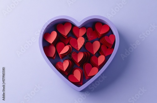 A Purple Heart Container Filled with Numerous Red Paper Hearts Perfect for Valentine's Day Cards and Romantic Designs
