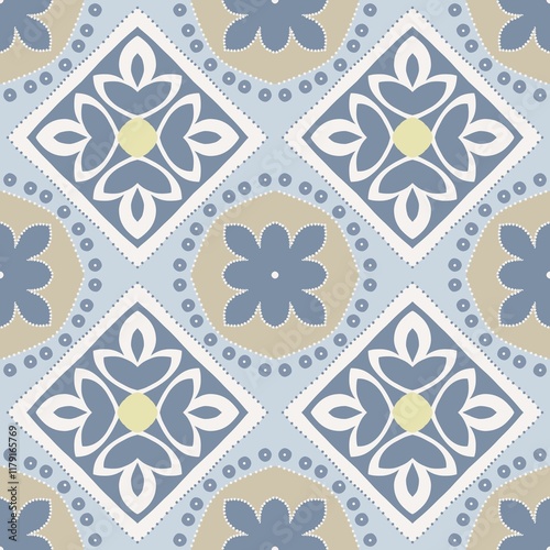 Seamless pattern design featuring traditional floral motifs in soft colors and geometric shapes