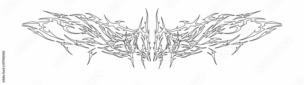Obraz premium Symmetrical neo tribal vector design with sharp, intricate, and abstract linework. Ideal for tattoos, decorative elements, and modern tribal aesthetics