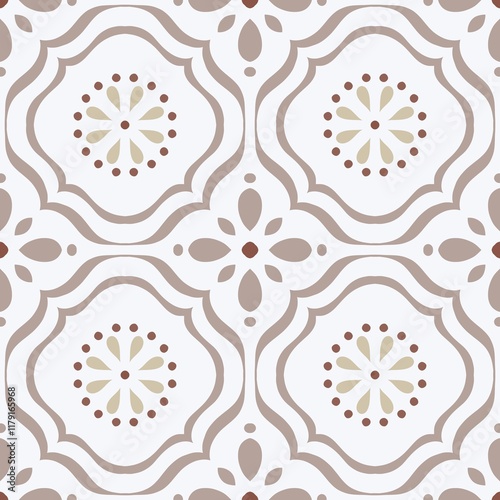 Intricate seamless pattern featuring floral elements and geometric shapes in soft neutral tones suitable for various design projects