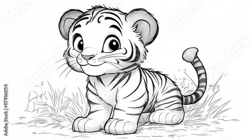 Adorable cartoon white tiger cub sitting in grass. (1)