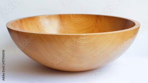 A polished wooden salad bowl, displayed on a clean white backdrop photo