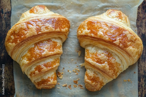 Golden croissants, baking sheet, kitchen, crumbles, breakfast photo