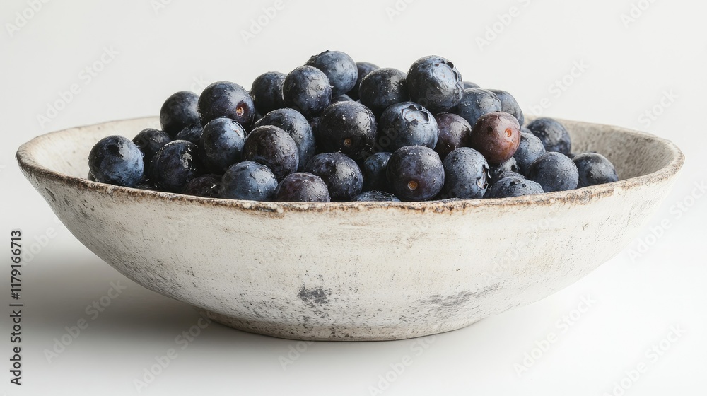 A rustic ceramic bowl packed with fresh blueberries, styled with a minimalistic white backdrop. A rustic ceramic bowl packed with fresh blueberries, styled with a minimalistic white backdrop.