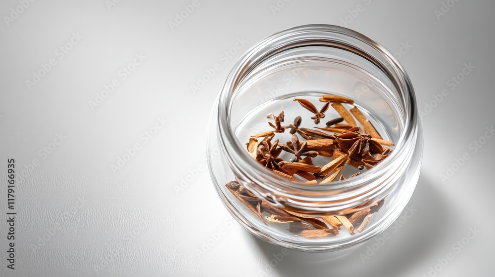 Glass jar with dried spices on light gray surface Glass jar with dried spices on light gray surface