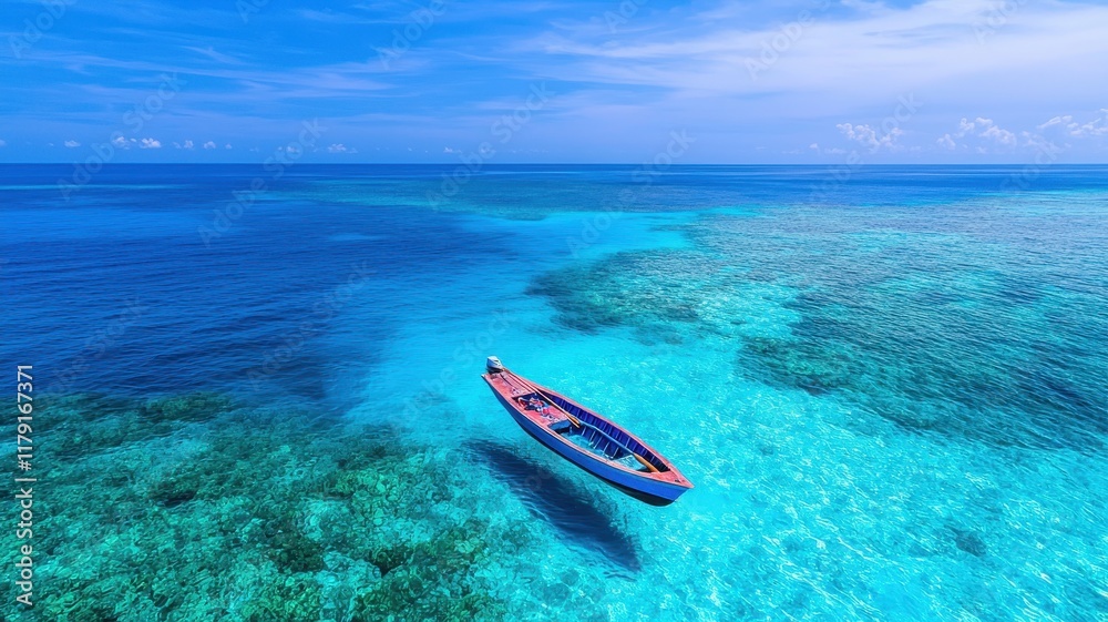Tranquil Boat Gently Floating on Calm Ocean Surface Surrounded by Vast Blue Waters Under Clear Sunny Sky Evoking Peacefulness Tranquil Boat Gently Floating on Calm Ocean Surface Surrounded by Vast Blue Waters Under Clear Sunny Sky Evoking Peacefulness