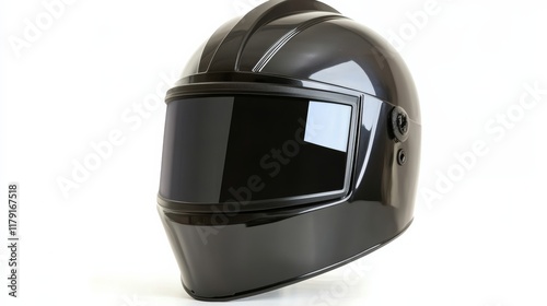 A protective welding helmet with a sleek black visor, isolated on white photo