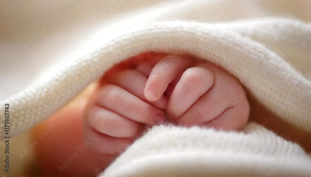 Close-up of a newborn's tiny hands gently clasped together, nestled under a soft, cream-colored knitted blanket. Close-up of a newborn's tiny hands gently clasped together, nestled under a soft, cream-colored knitted blanket.