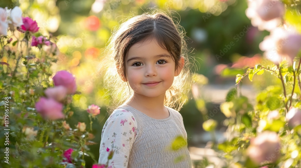 Happy Child Smiling Among Blooming Roses in Beautiful Garden Happy Child Smiling Among Blooming Roses in Beautiful Garden