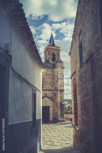 Scenic view of the bell tower of the Church of the Immaculate Conception in Zufre