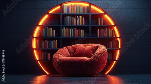 Modern reading nook with circular bookshelf, orange glow, dark room. photo