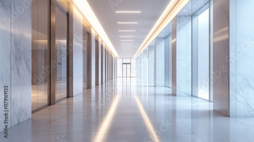 A serene, brightly lit corridor with wide, polished floors and a clean, minimalist design in a modern building