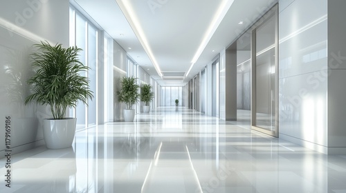 Wallpaper Mural A serene, brightly lit corridor with wide, polished floors and a clean, minimalist design in a modern building Torontodigital.ca